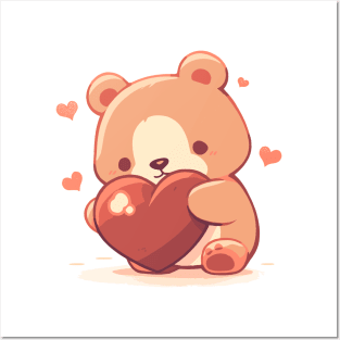 Cute bear in love holding a heart Posters and Art